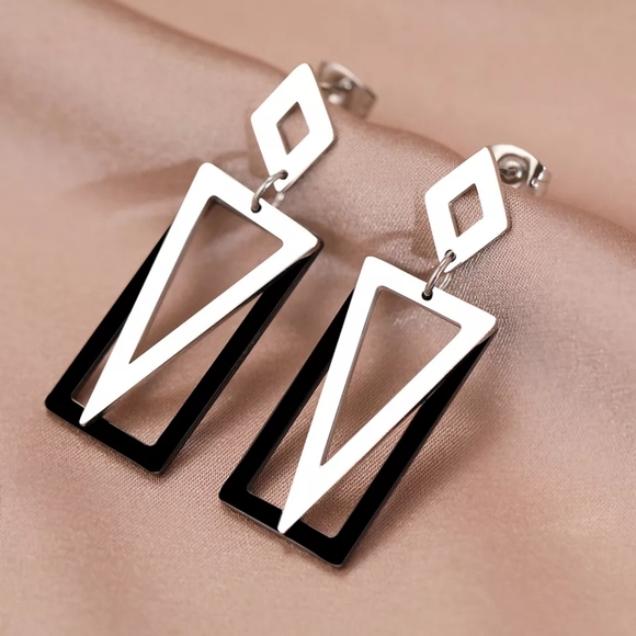 Black Rectangle Inverted Triangle Dangle Earrings - Picture 4 of 6